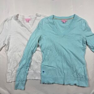 Lilly Pulitzer Lot of 2 V Neck Sweaters XS White Aqua Palm Tree Logo